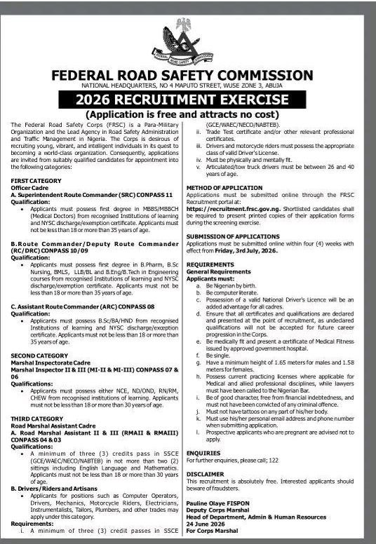 FRSC Recruitment 2026/2027 Starting Date, Application Portal
