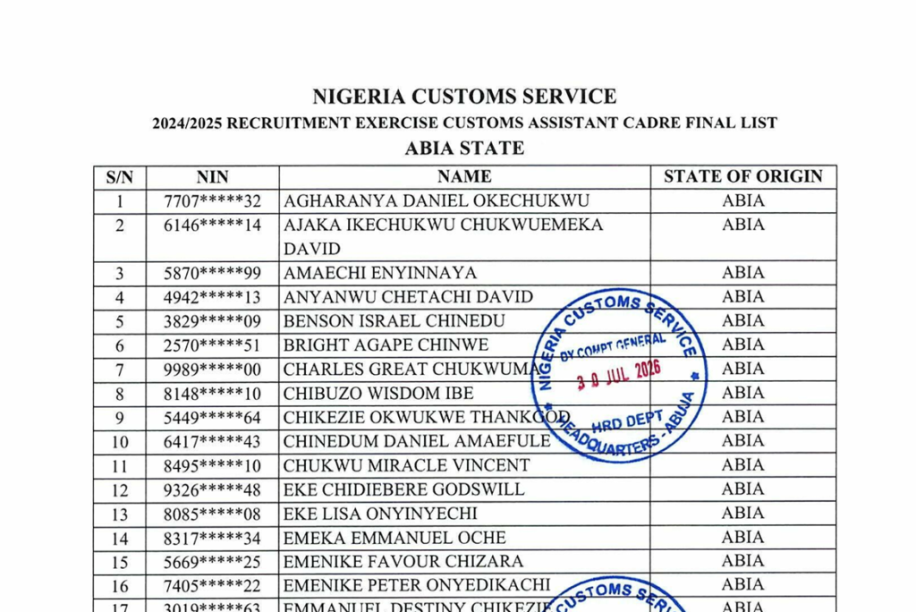 Nigeria Customs Recruitment Final List 2026