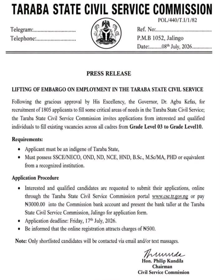 Taraba State Civil Service Commission Recruitment 2026/2027 Portal, Starting Date