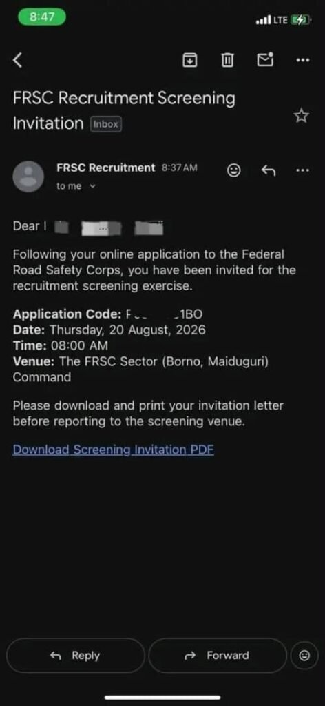 FRSC Screening Date 2026
